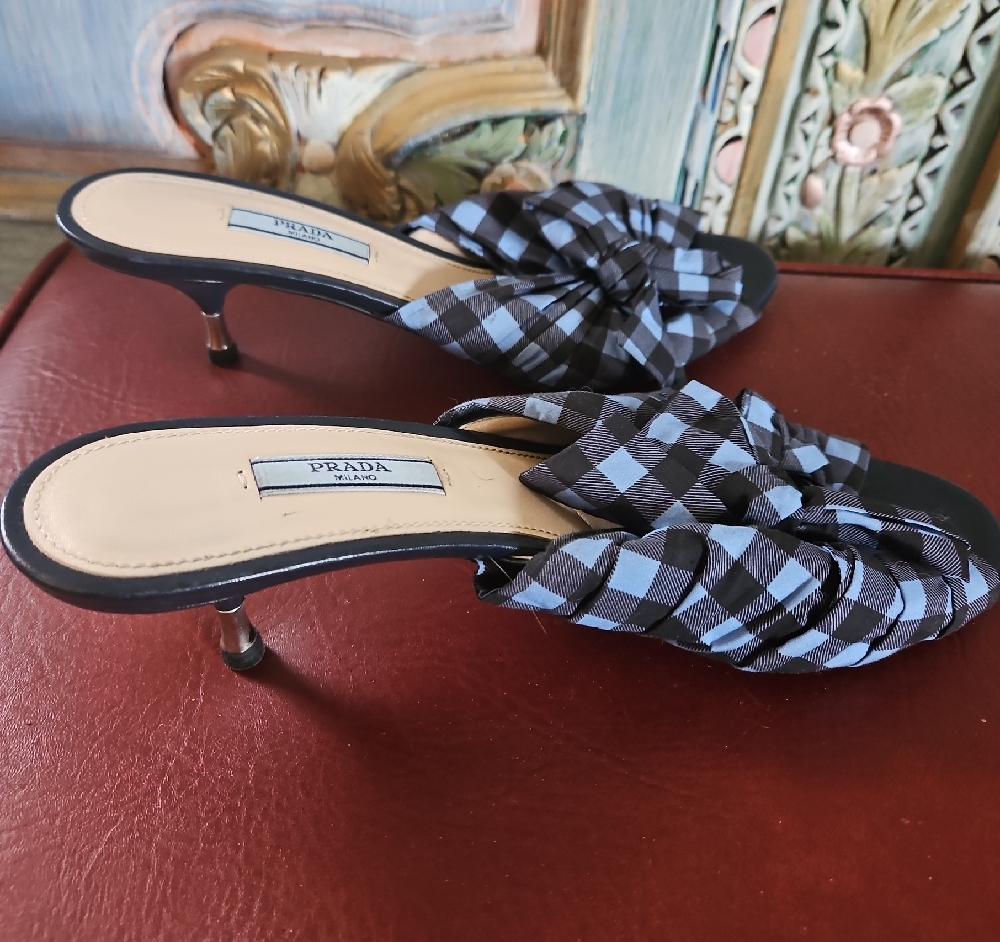 Prada Black and Blue Mules with Gingham Bow - Picture 5 of 7
